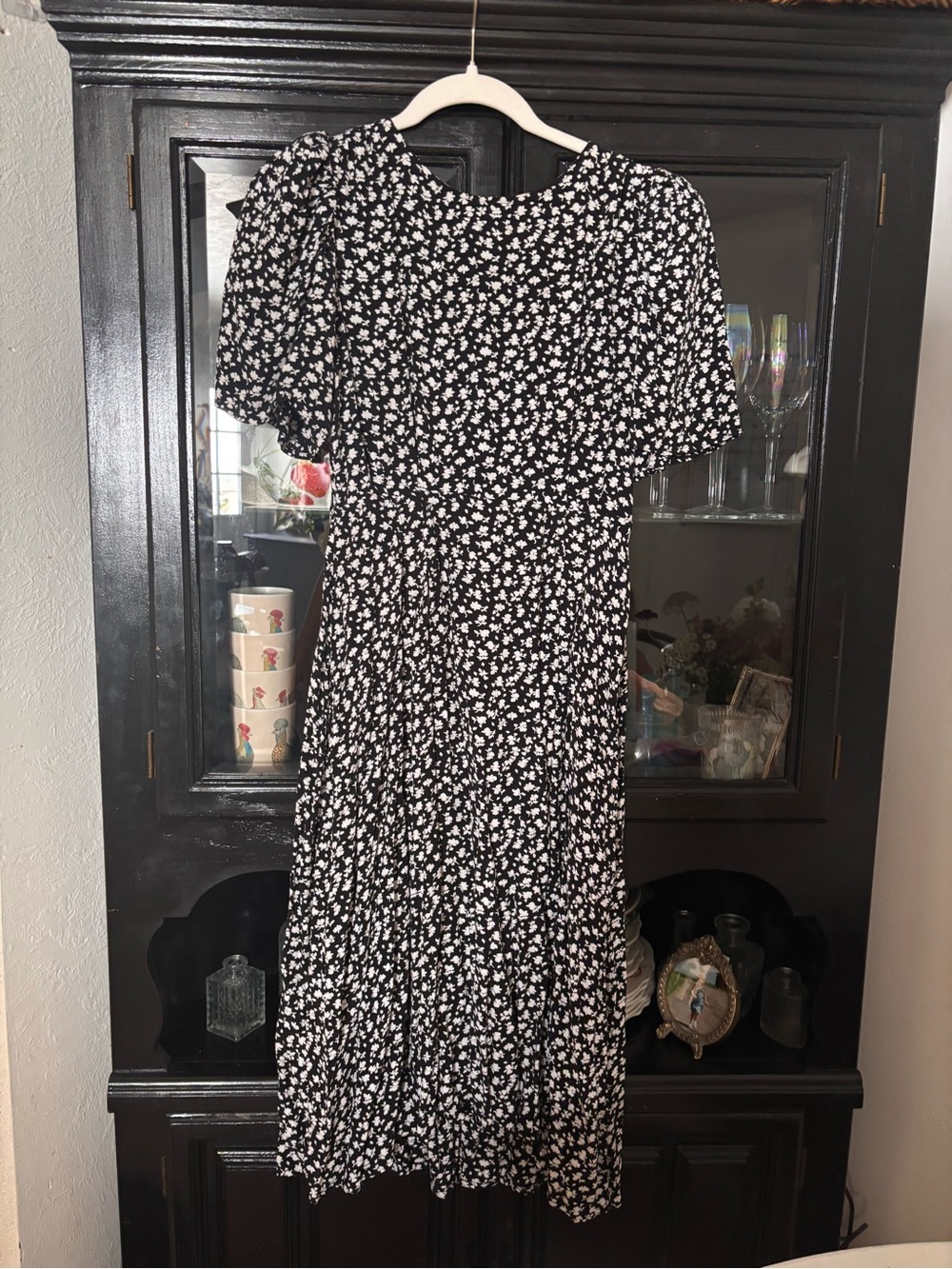 Something Navy Black Floral Midi Dress with White Print